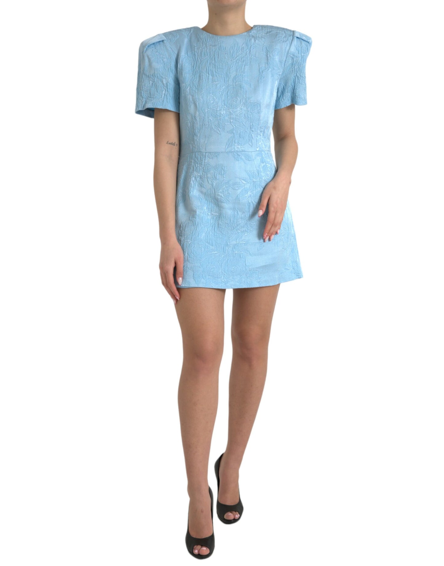 Light Blue Floral Jacquard Puff Sleeve Mini Dress