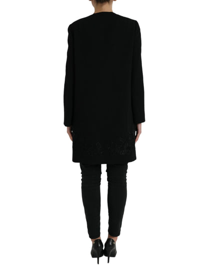 Black Floral Wool Button Embellished Jacket