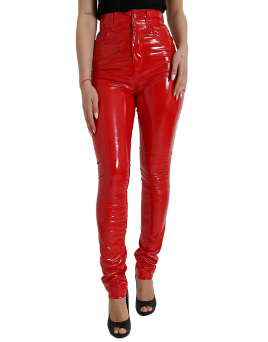 Shiny Red High Waist Skinny Pants