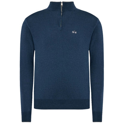 Blue Wool Men Sweater with Half Zip Closure