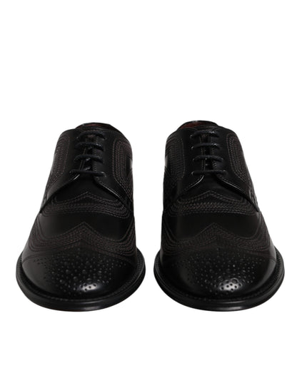 Black Embroidered Classic Leather Derby Dress Shoes