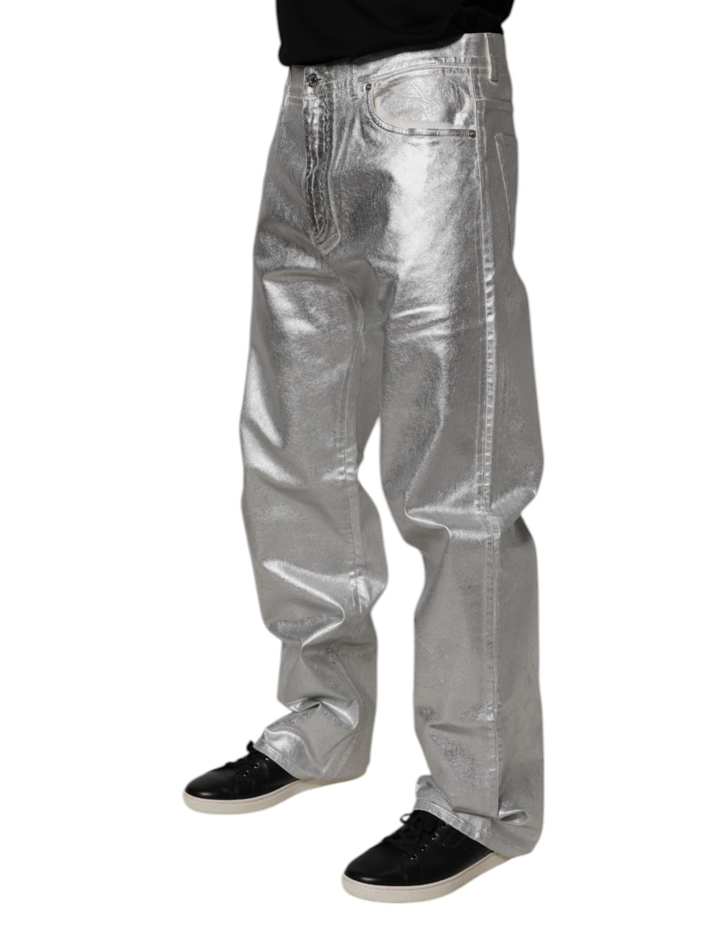 Metallic Silver Cotton Straight Denim Jeans