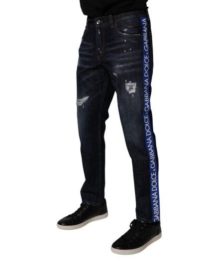 Dark Blue Cotton Tattered Skinny Denim Jeans