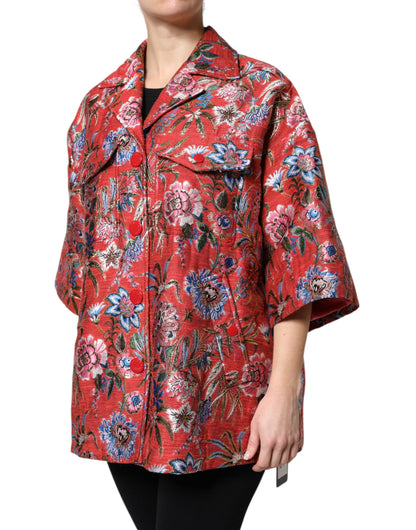 Red Floral Jacquard Button Down Coat Jacket
