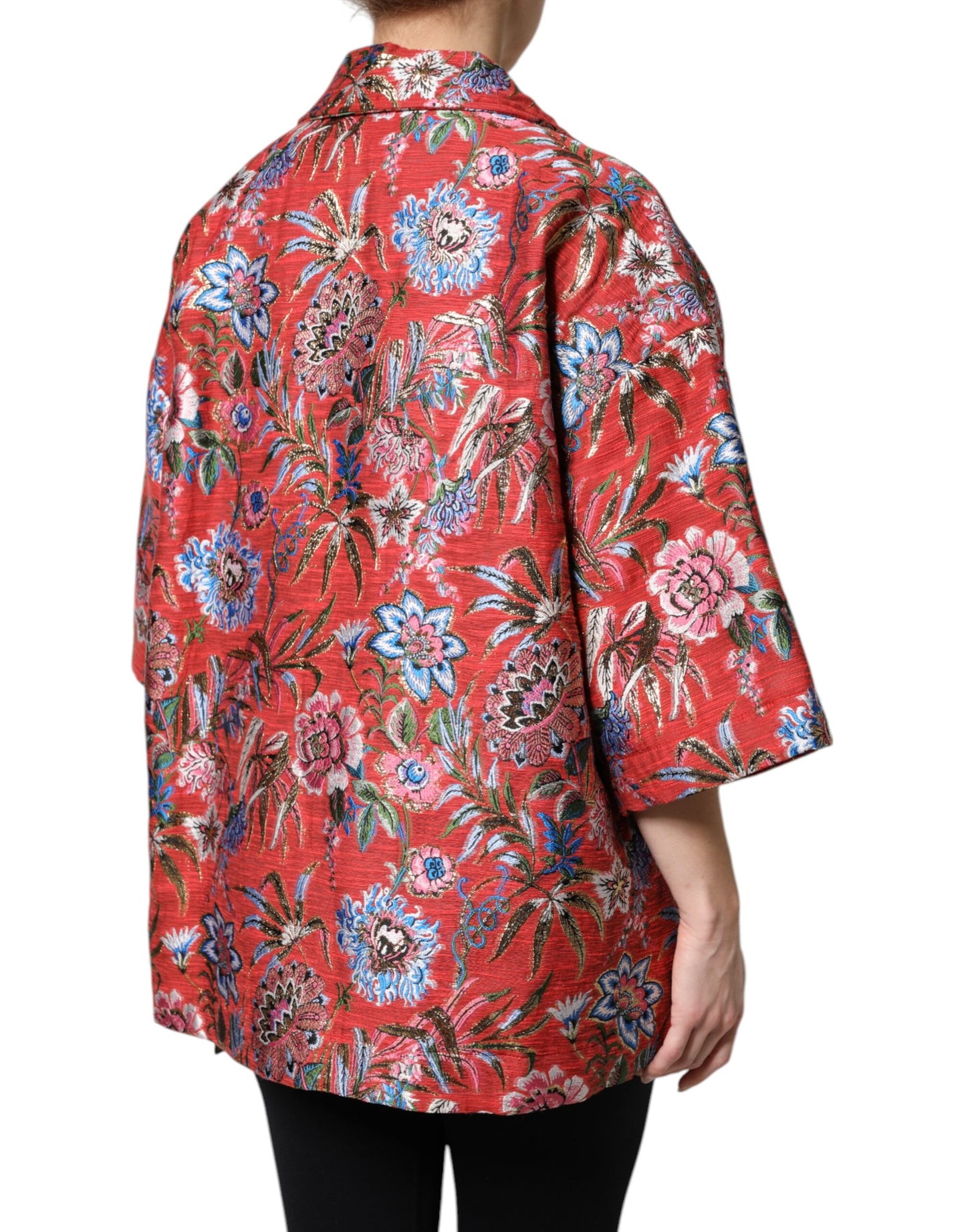 Red Floral Jacquard Button Down Coat Jacket