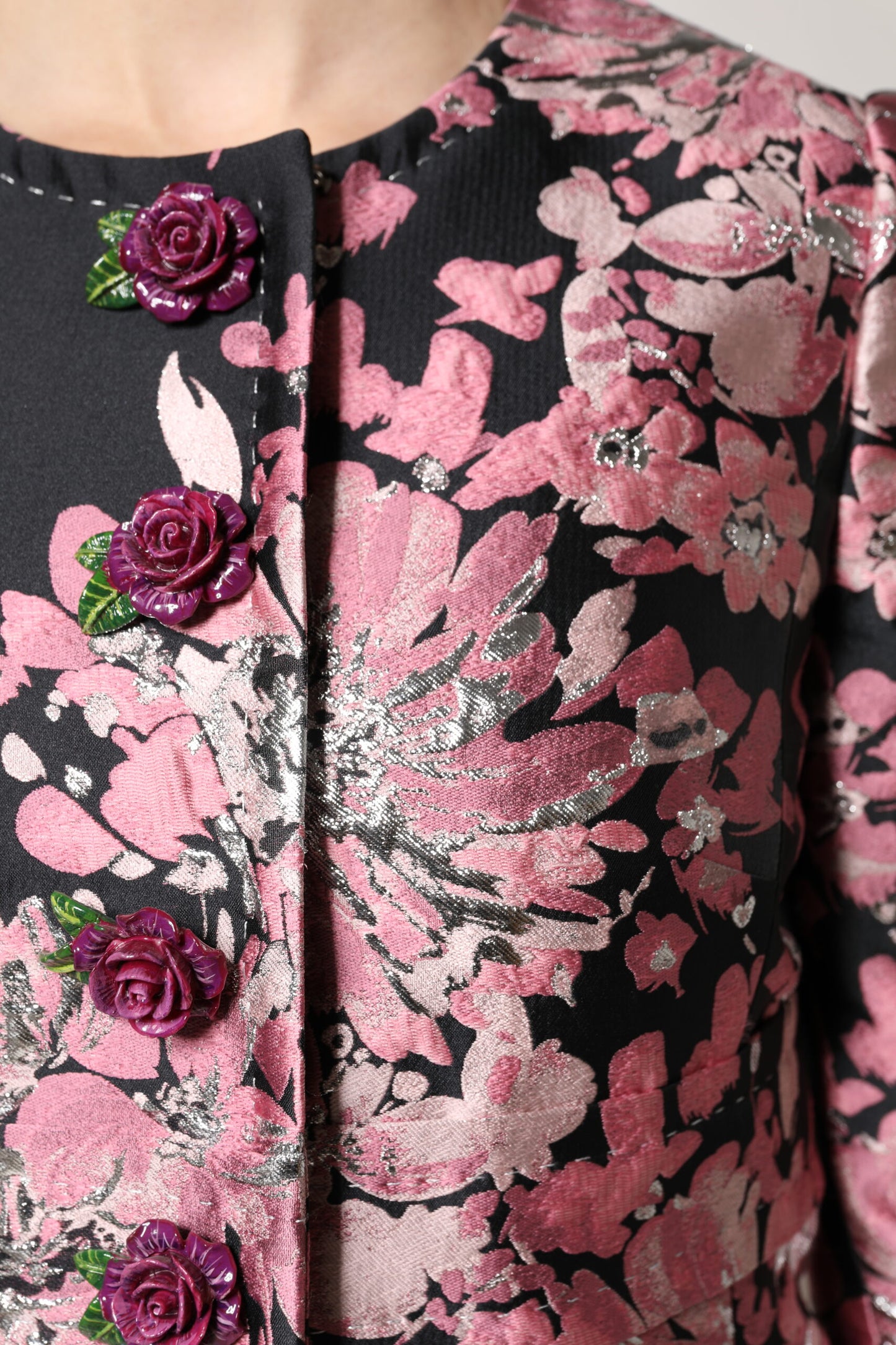 Pink Black Floral Brocade Trenchcoat Jacket