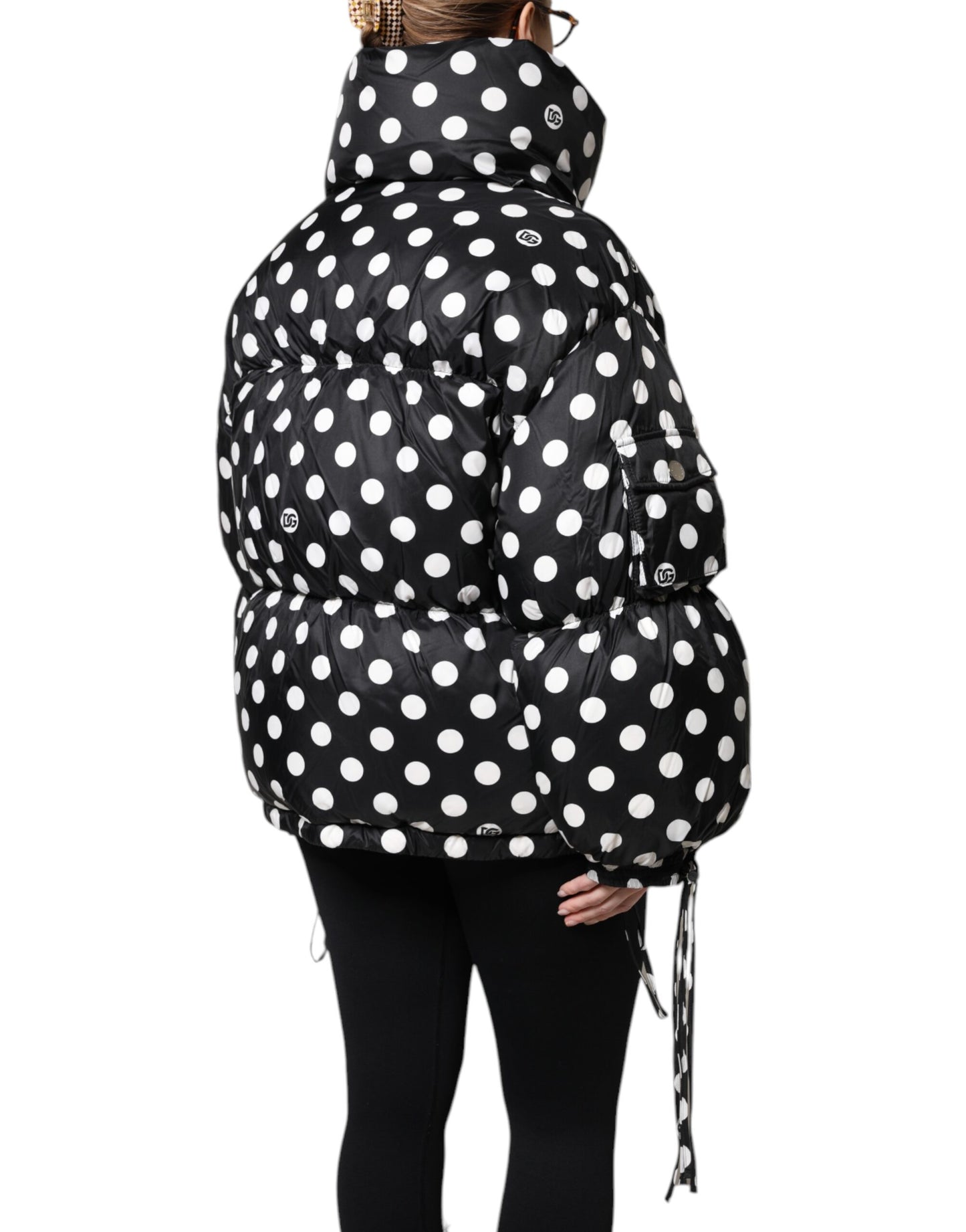 Black White Polka Dot Full Zip Puffer Jacket