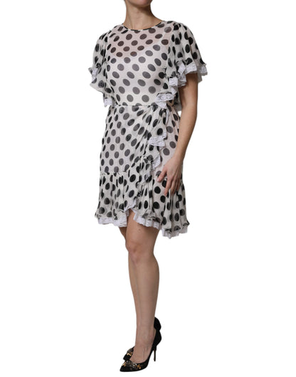 White Polka Dotted Silk Blend A-line Dress