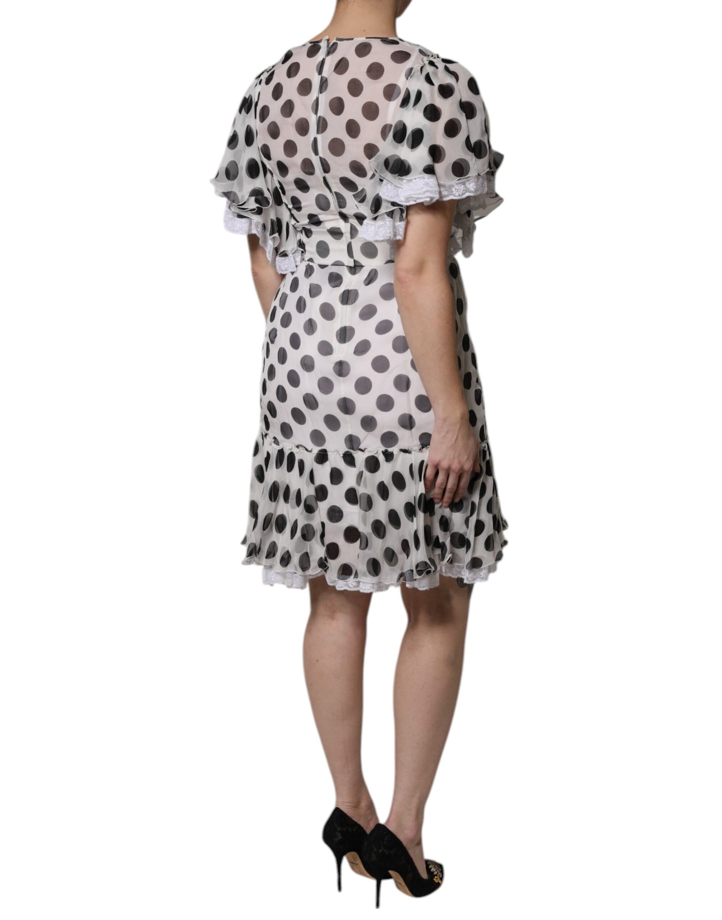 White Polka Dotted Silk Blend A-line Dress