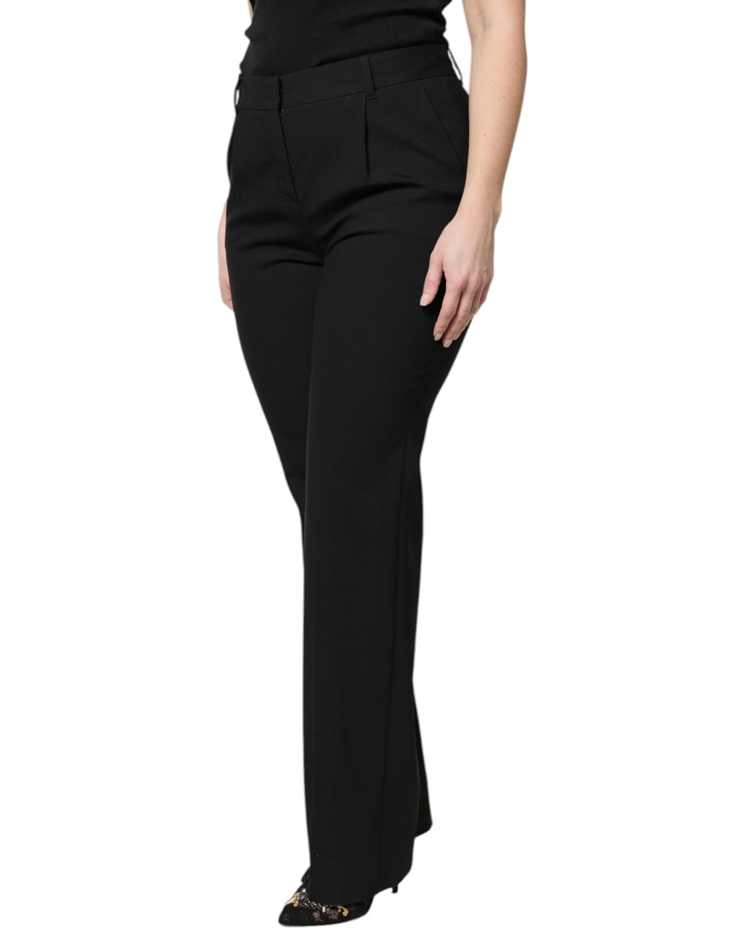 Black Wool High Waist Boot Cut Dress Pants