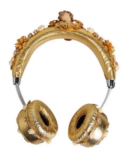 Gold Leather Floral Crystal Angel Headset Headphones