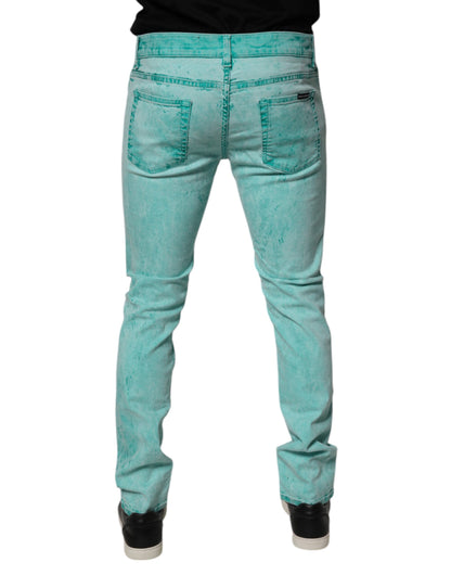Green Tie Dye Cotton Skinny Men Denim Jeans