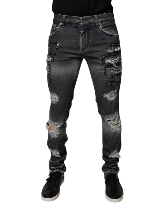 Dark Gray Tattered Cotton Skinny Denim Jeans