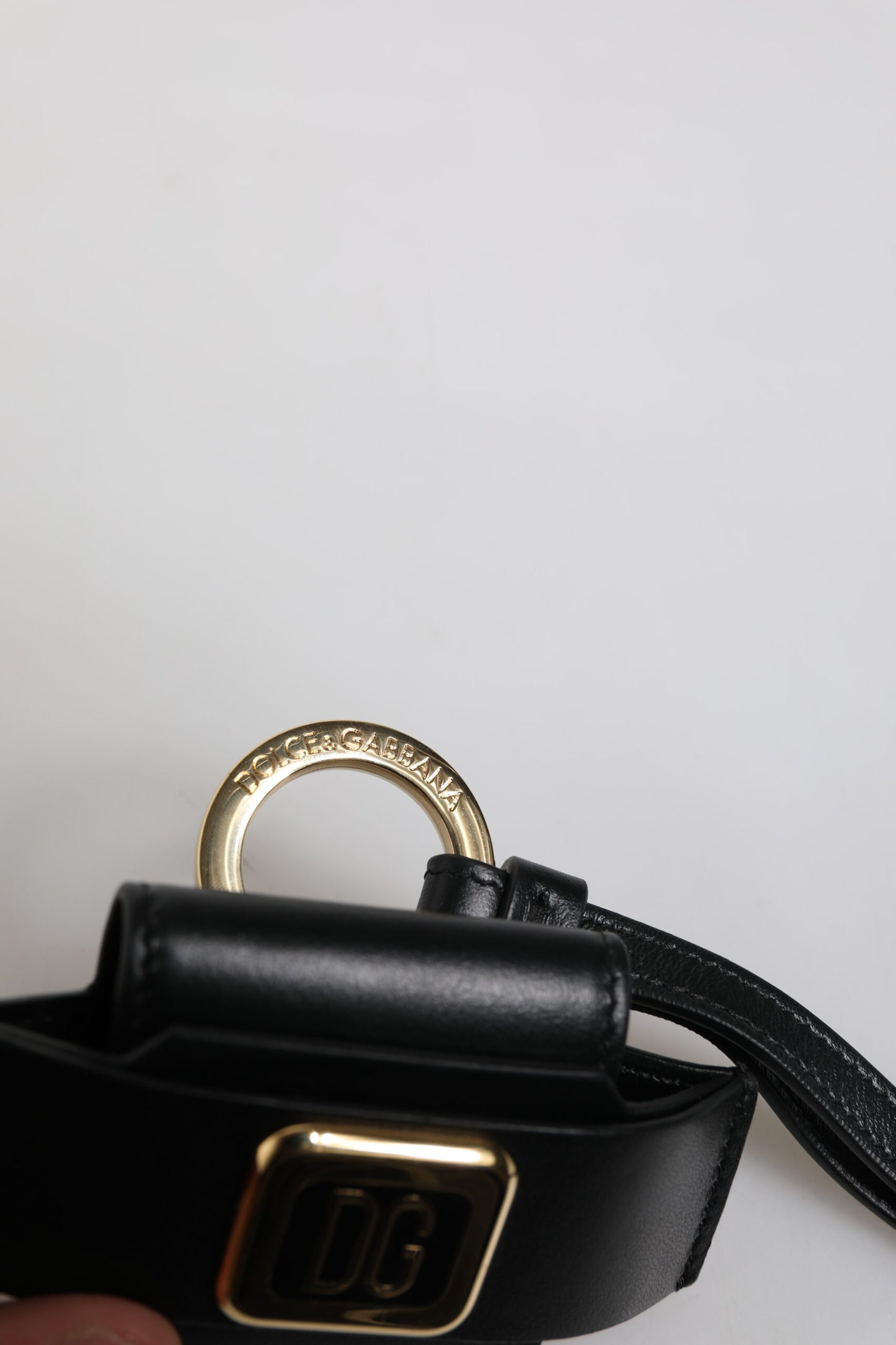 Black Leather Strap Gold Metal Logo Plaque Airpods Case