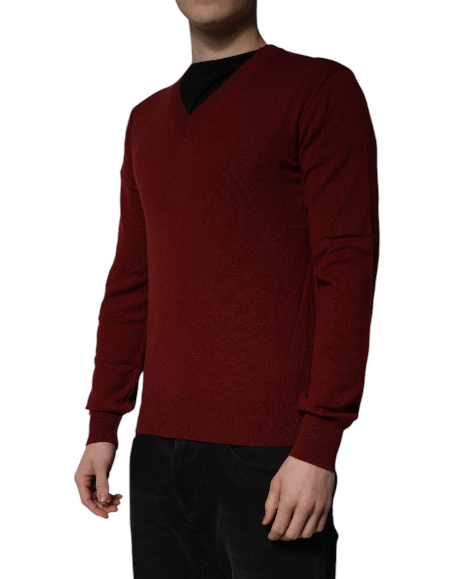 Maroon Cashmere V-neck Men Pullover Sweater