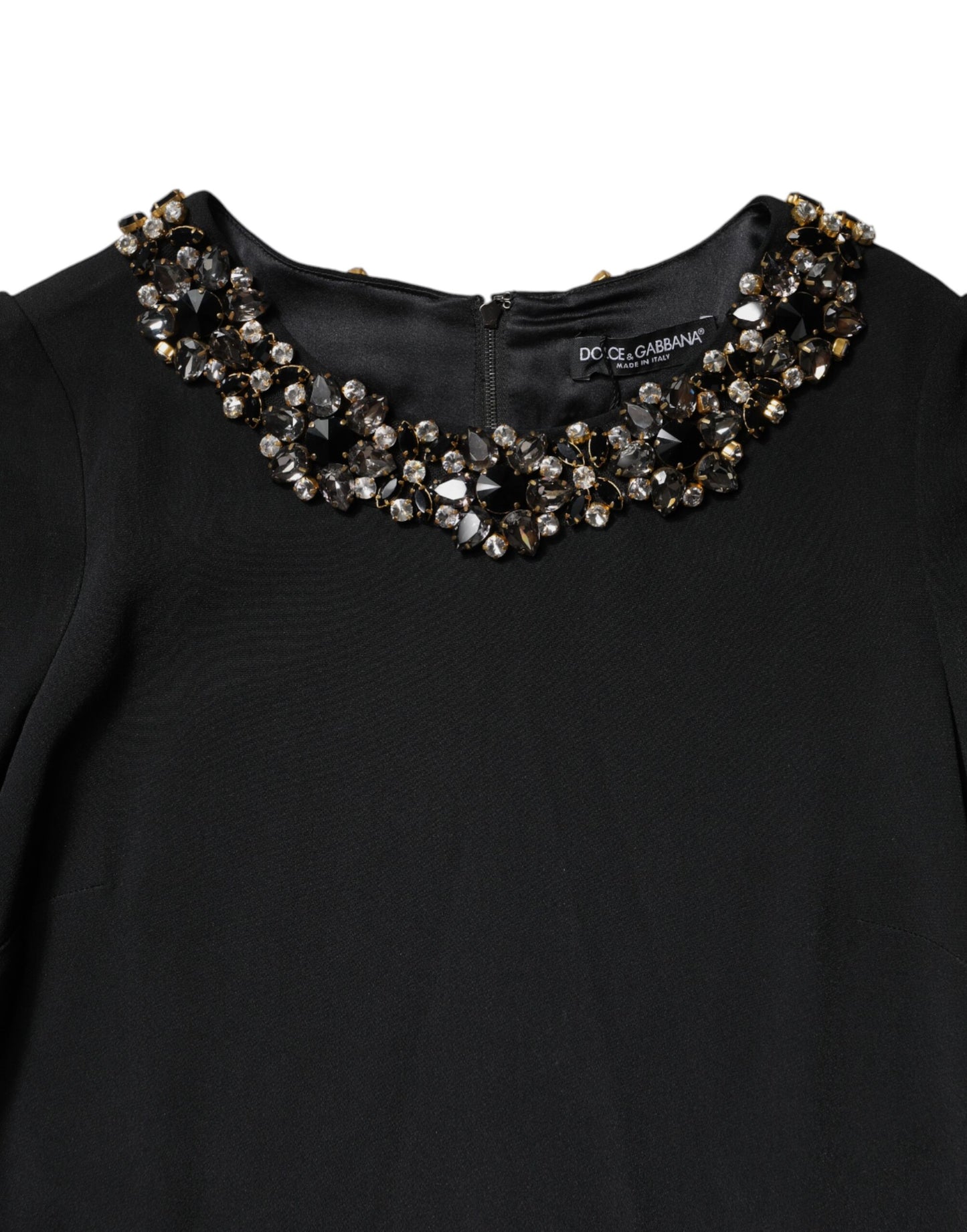 Black Crystal Embellished Round Neck Mini Dress