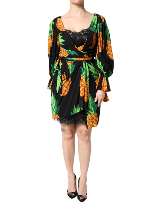 Black Silk Pineapple Draped Print Wrap Dress