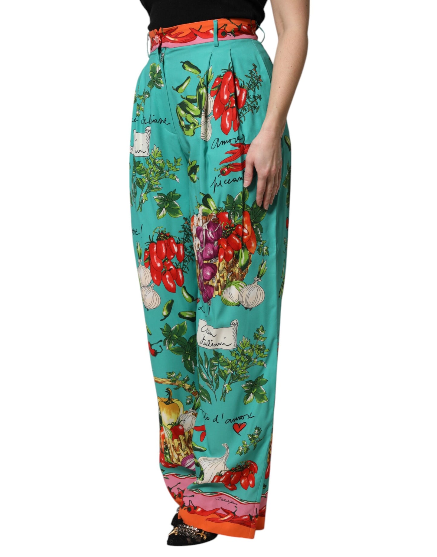 Green Silk Printed Straight Pants
