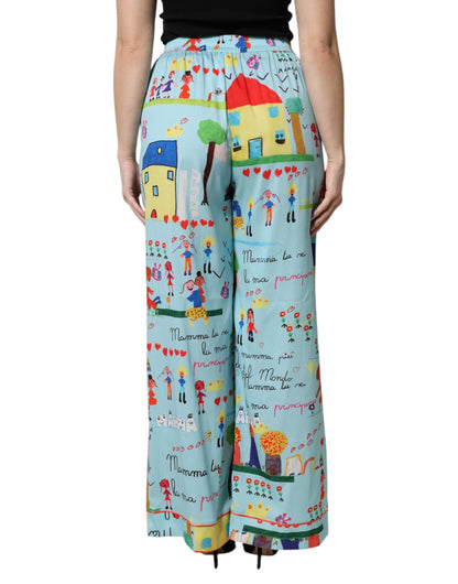 Light Blue Drawing Mid Waist Wide Leg Pants