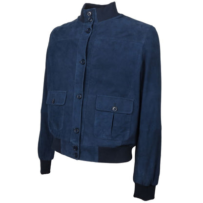 Blue Calfskin Men Bomber Jacket