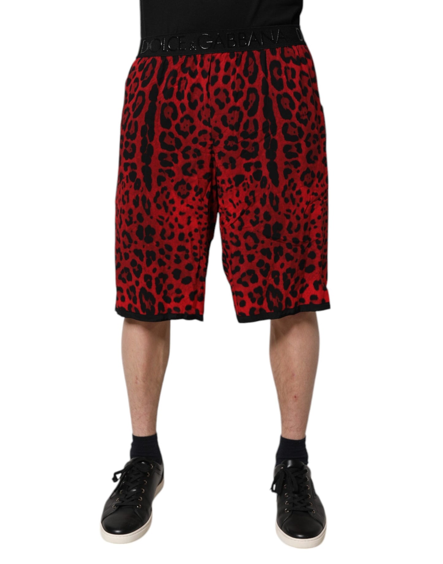 Red Leopard Print Viscose Bermuda Shorts