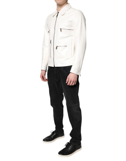 White Collared Full Zip Biker Coat Jacket