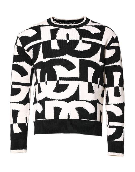 Black White Knit Logo Print Pullover Sweater