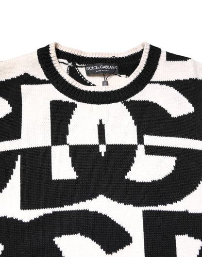 Black White Knit Logo Print Pullover Sweater