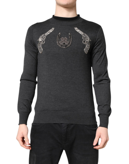Gray Embroidery Knit Men Pullover Sweater