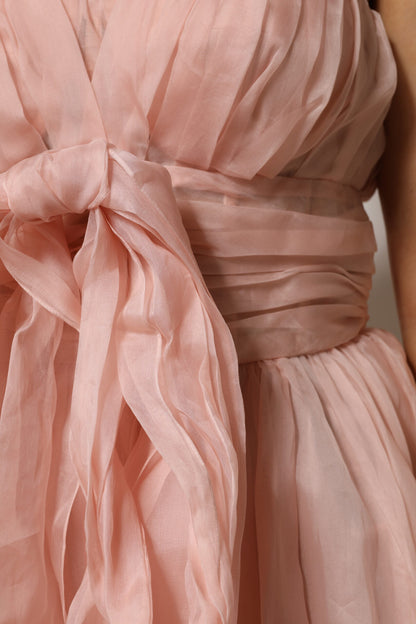 Pink Silk Chiffon A-line Pleated Midi Dress