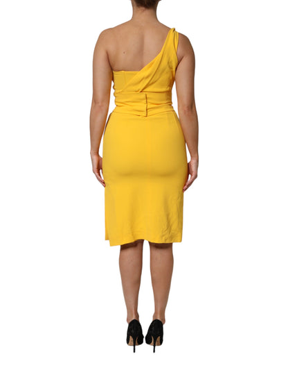 Yellow One Shoulder Side Slit Midi Dress