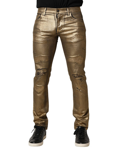 Gold Tattered Cotton Stretch Slim Denim Jeans