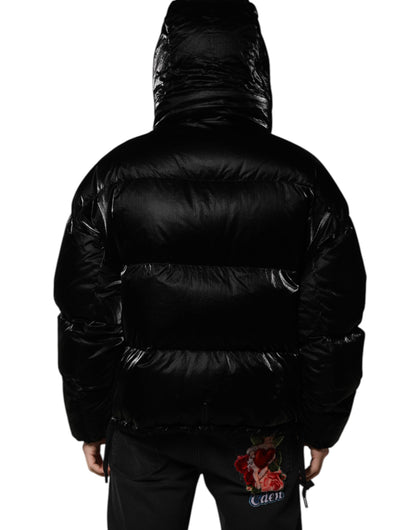 Black Logo Full Zip Hooded Quilted Jacket