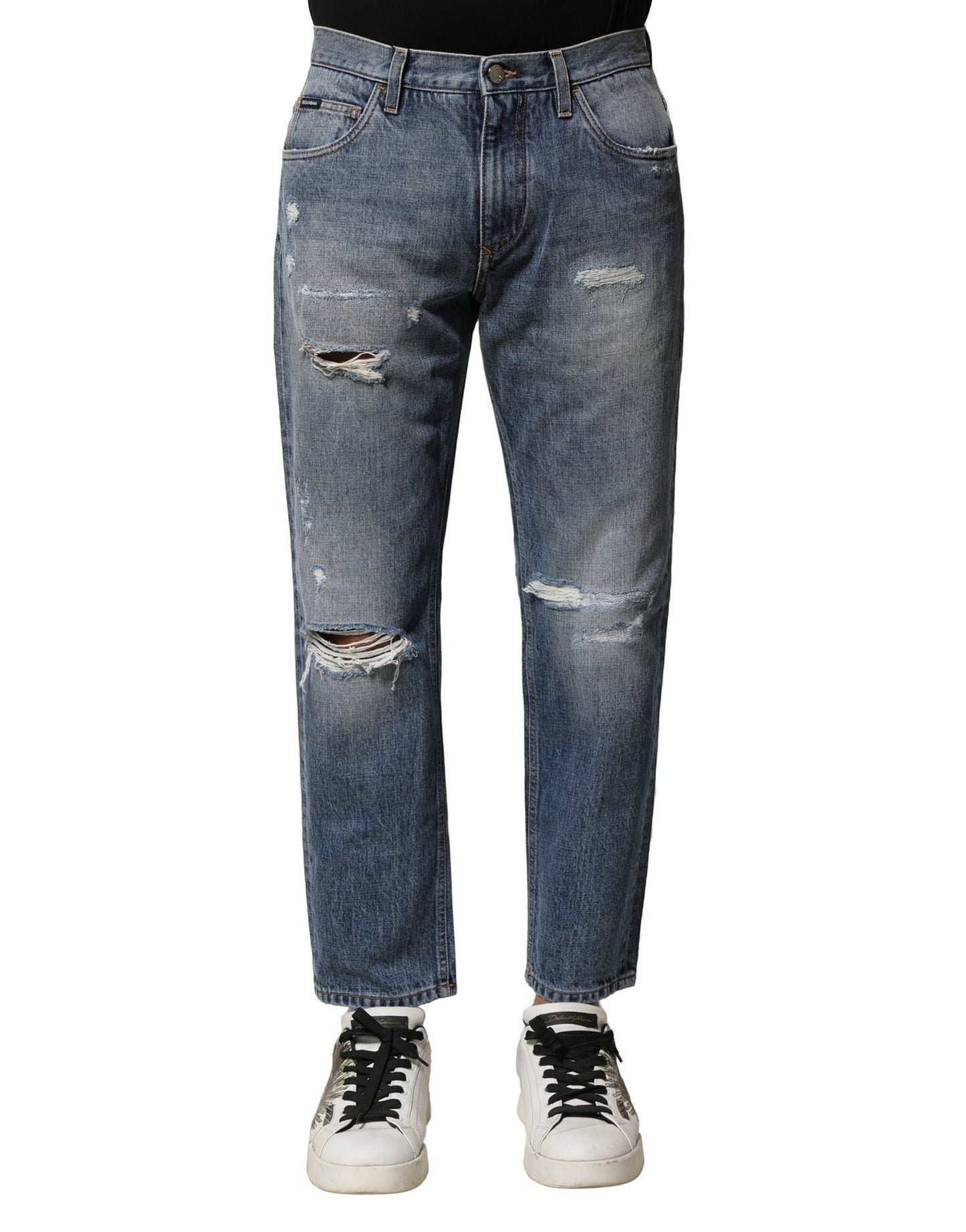 Blue Washed Tattered Straight Fit Denim Jeans