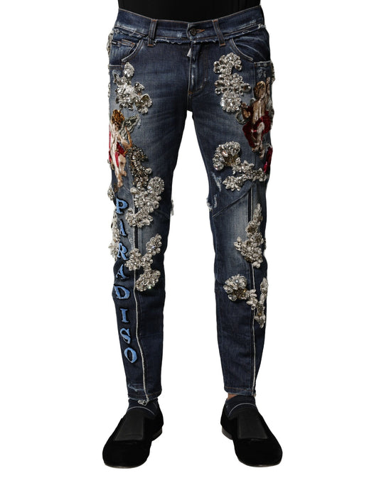 Blue Cotton Rhinestone Embellish Denim Jeans