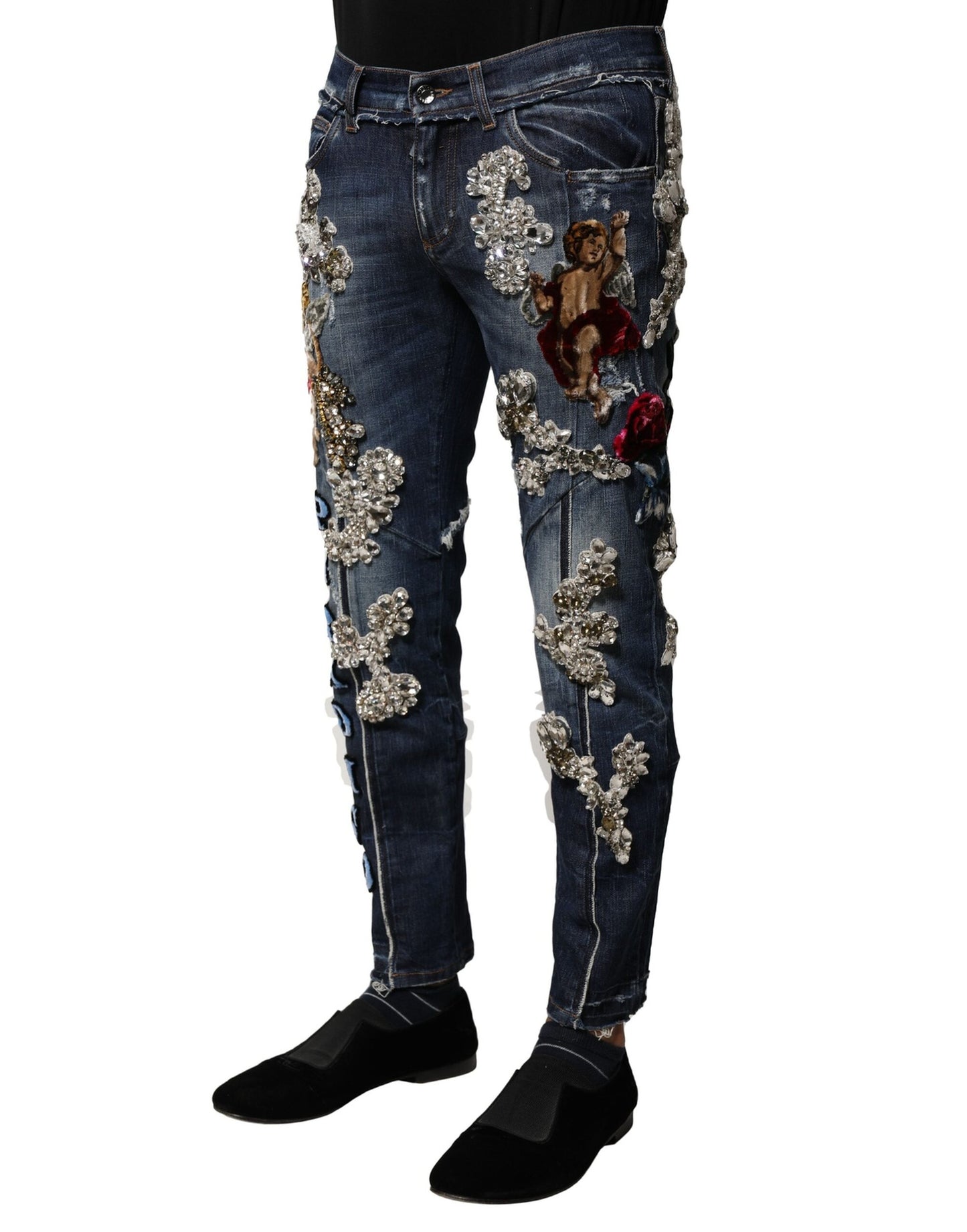 Blue Cotton Rhinestone Embellish Denim Jeans
