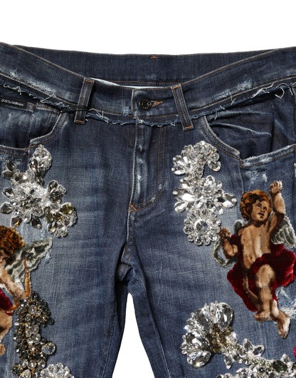 Blue Cotton Rhinestone Embellish Denim Jeans