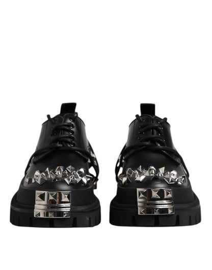 Black Leather Embellished Trekking Derby Shoes