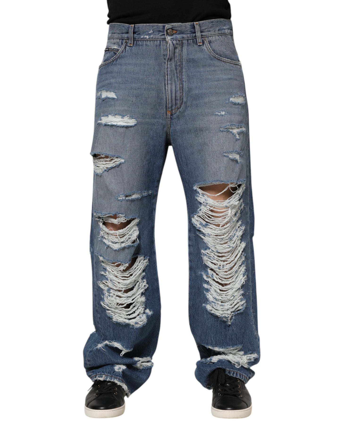 Blue Tattered Cotton Logo Plaque Denim Jeans