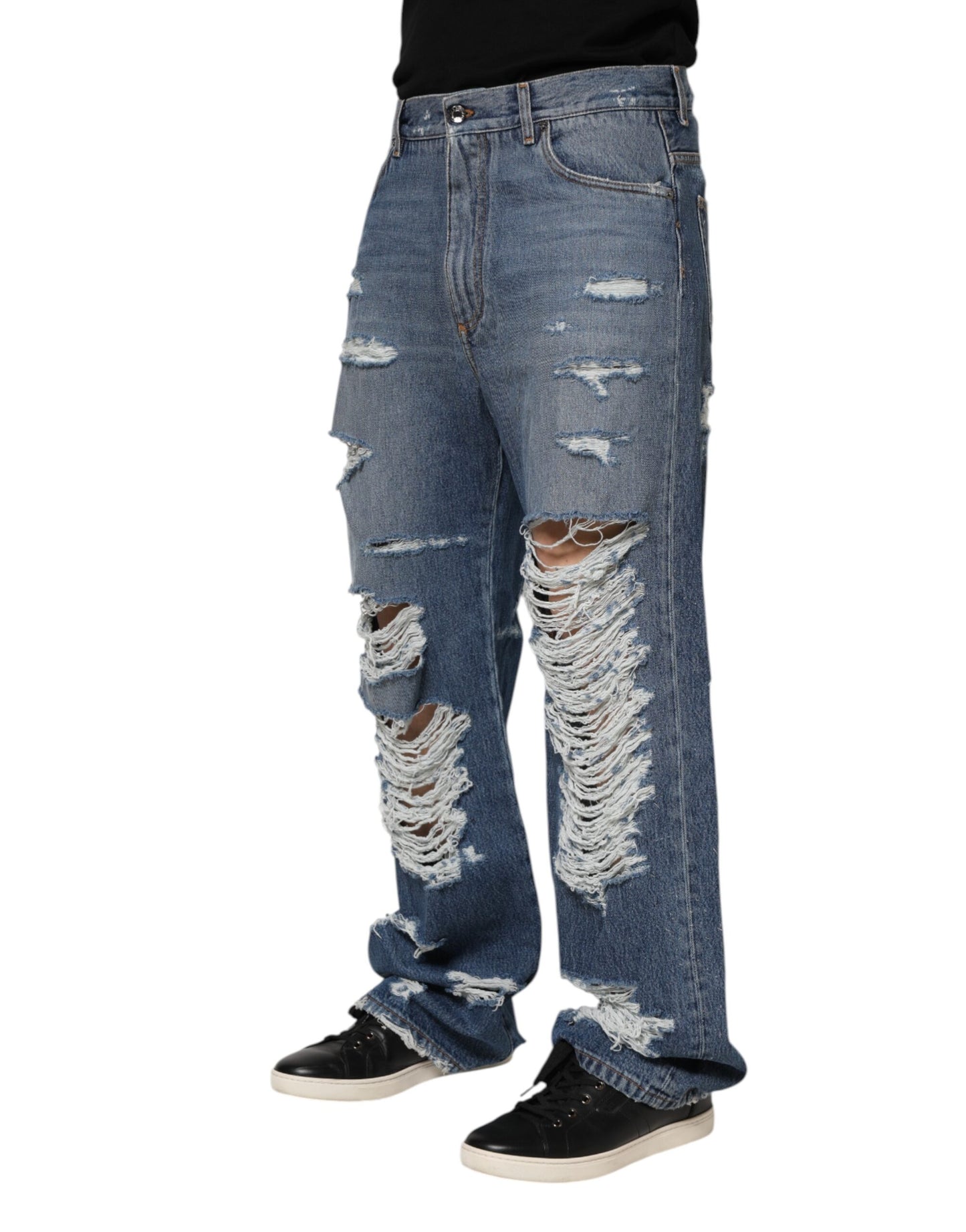 Blue Tattered Cotton Logo Plaque Denim Jeans