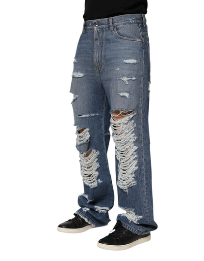 Blue Tattered Cotton Logo Plaque Denim Jeans