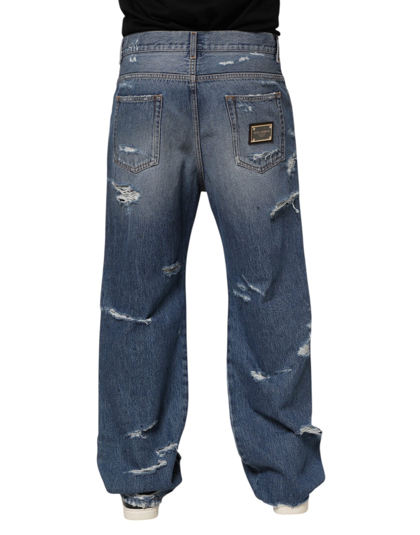 Blue Tattered Cotton Logo Plaque Denim Jeans