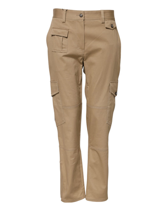 Beige Mid Waist Cargo Tapered Pants