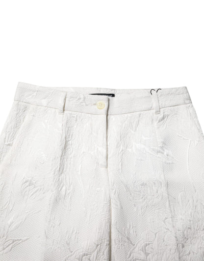 White Cotton Floral Jacquard Pants
