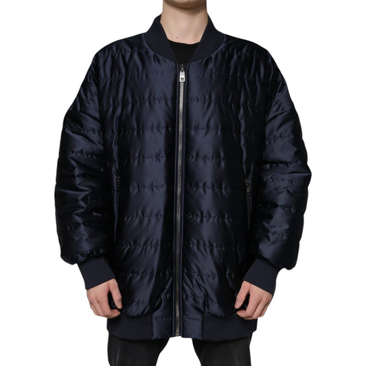 Dark Blue Quilted Full Zip Bomber Jacket