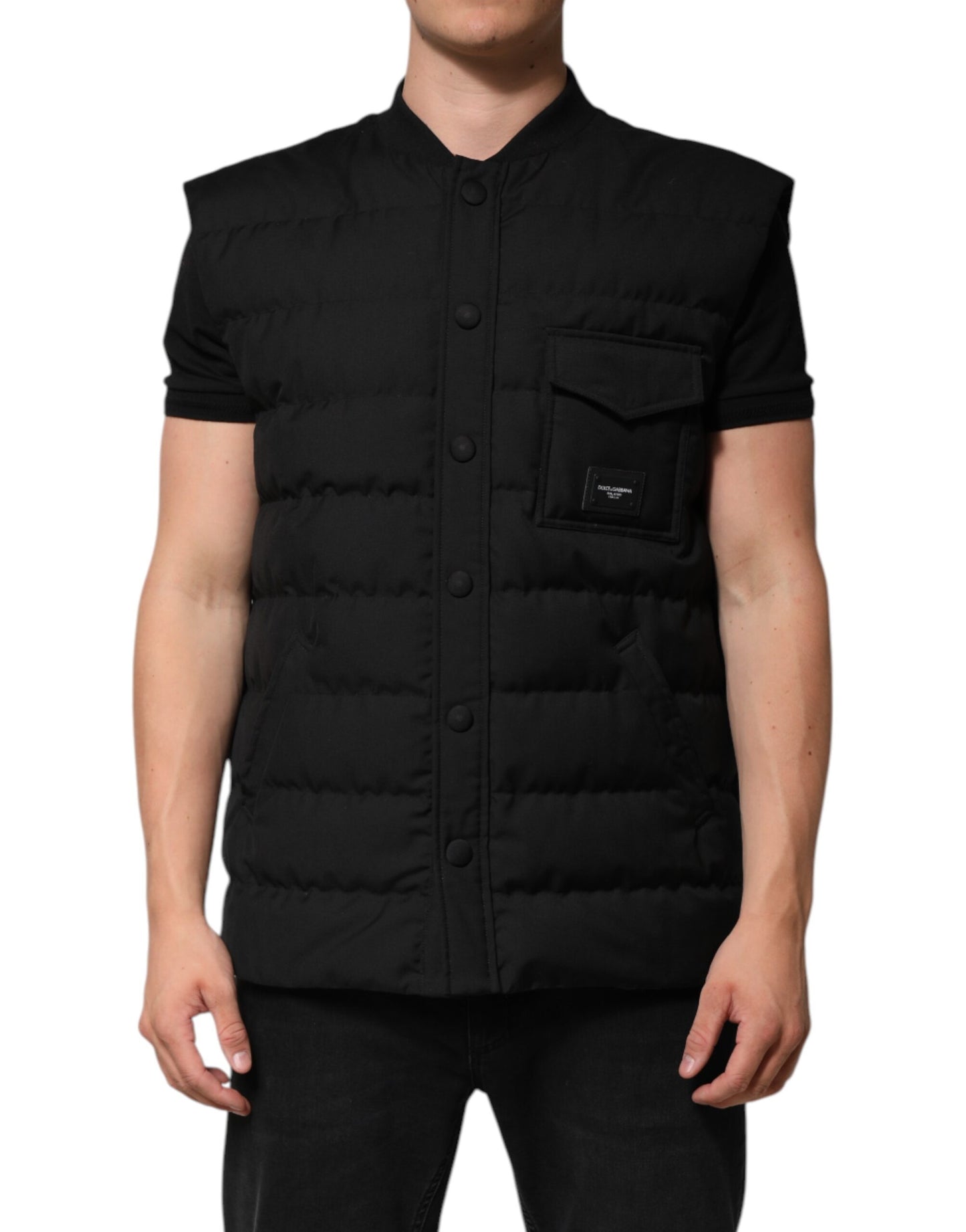 Black Sleeveless Parka Logo Plaque Jacket