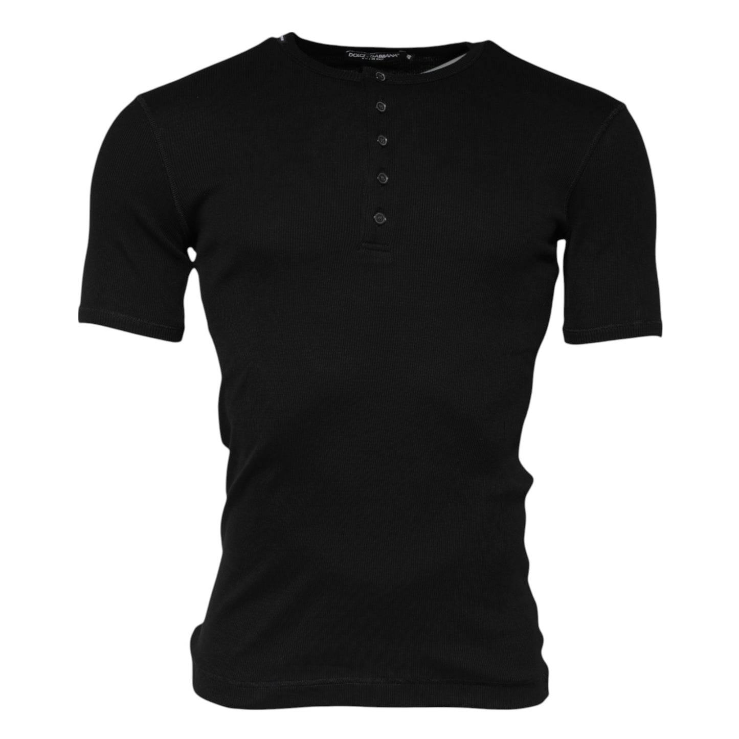 Black Cotton Knit Crew Neck Henley T-shirt