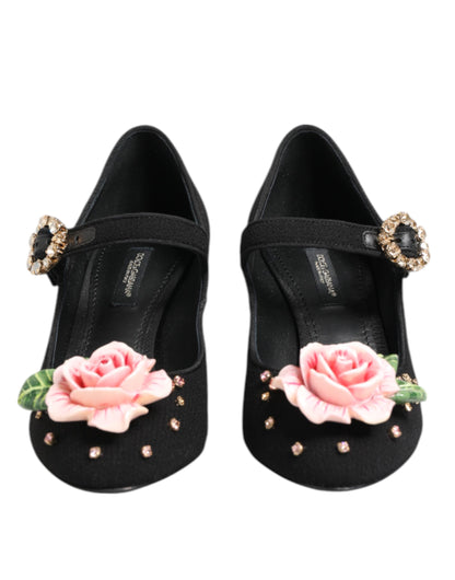 Black Flower Crystal Embellished Mary Jane Shoes