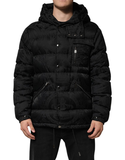 Black Jacquard Quilted Puffer Hooded Jacket
