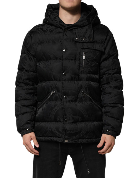 Black Jacquard Quilted Puffer Hooded Jacket